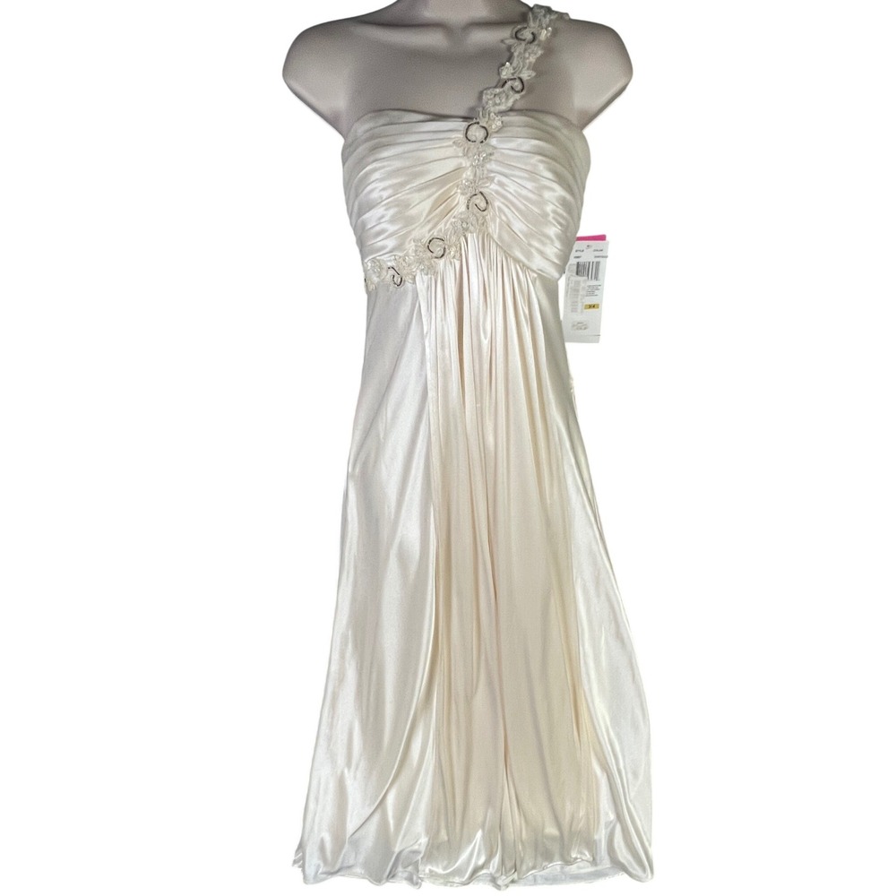 Morgan & Co One Shoulder Gown 3/4 Ivory Gold Sequin Prom Formal Dresses Gala